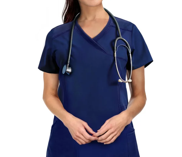 Молода Медична Медсестра Стоїть Ізольовано Білому Тлі — стокове фото