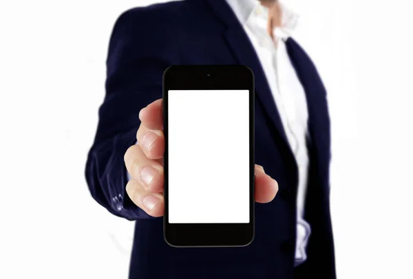 Muž Obleku Drží Prázdný Smartphone — Stock fotografie
