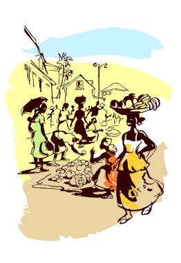 Beyaz bir arka planda boyalı boya ile pazarda kaçakçılığı kadınların