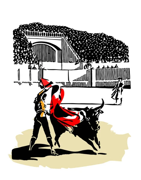斗牛士在竞技场与公牛在白色背景 — 图库矢量图片