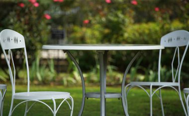 Bir masa ve sandalye arasında yeşil Park Sahnesi                               