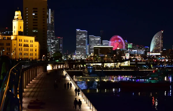 Night view of the building lighted up by the illuminations of the harbor city of Japanese Yokohama Port