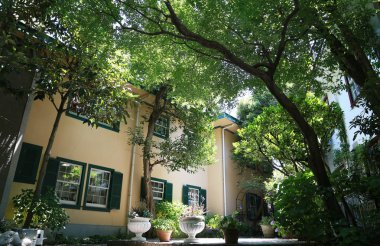 Yeşil le çevrili park binasının manzarası