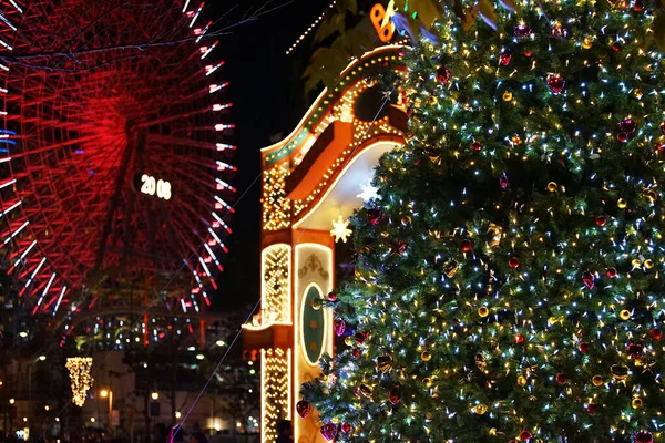 Iluminações Roda Gigante Parque Diversões Noite Natal — Fotografia de Stock