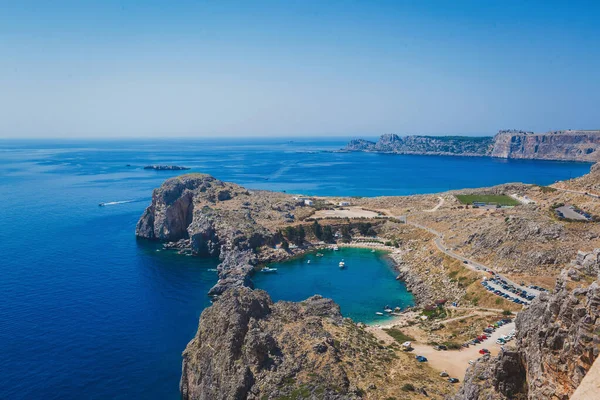 Med Utsikt Över Egeiska Havet Från Akropolis Lindos Grekland — Stockfoto