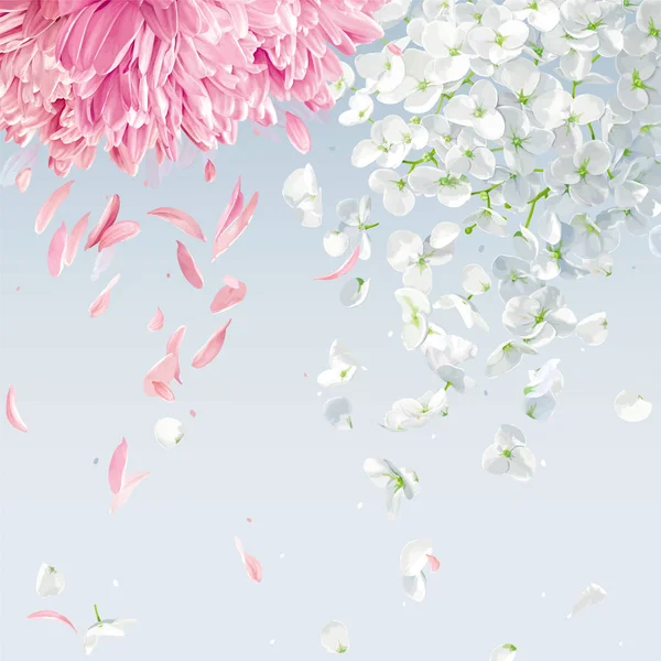 夏季风 豪华白色矢量绣球花 苹果花 粉红色菊花与飞花瓣在水彩风格 3月8日 情人节 母亲节 季节性销售 — 图库矢量图片