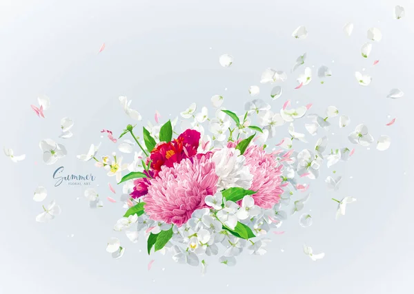 夏季风 豪华白色矢量绣球花 苹果花 粉红色菊花与飞花瓣在水彩风格 3月8日 情人节 母亲节 季节性销售 — 图库矢量图片