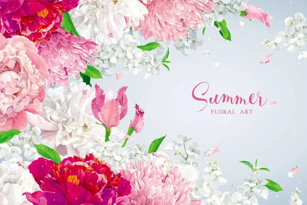 Yaz vintage çiçek vektör arka plan ile çiçeklenme krizantem, ortanca, Peonies ve elma çiçeği, davetiyeler, kartları, düğün, Doğum günü, tatil için suluboya tarzında Bahçe çiçek.