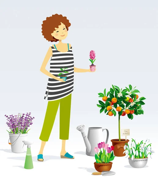 Κηπουρός Κορίτσι Και Μια Συλλογή Από Φυτά Γλάστρες Εσπεριδοειδή Λουλούδια — Διανυσματικό Αρχείο