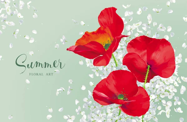 豪华鲜艳红色矢量罂粟和白色 Hydrandea 花画的水彩风格与花瓣为花卉装饰 图库矢量图片