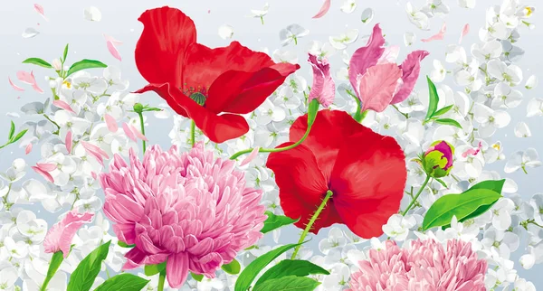 Vintage Floralen Vektor Hintergrund Mit Chrysanthemen Mohn Hortensien Pfingstrosen Apfelblüten — Stockvektor
