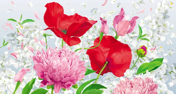 Vintage çiçek vektör arka plan ile krizantem, haşhaş, ortanca, Peonies, elma çiçeği, Bahçe çiçek. Davetiye, düğün, afiş, satış için suluboya tarzında çizim botanik
