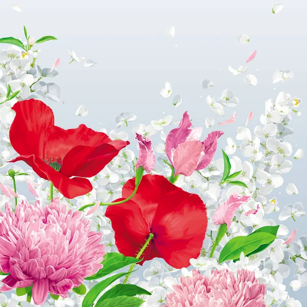 Fondo Vectorial Floral Vintage Con Crisantemos Amapolas Hortensias Peonías Flor — Vector de stock