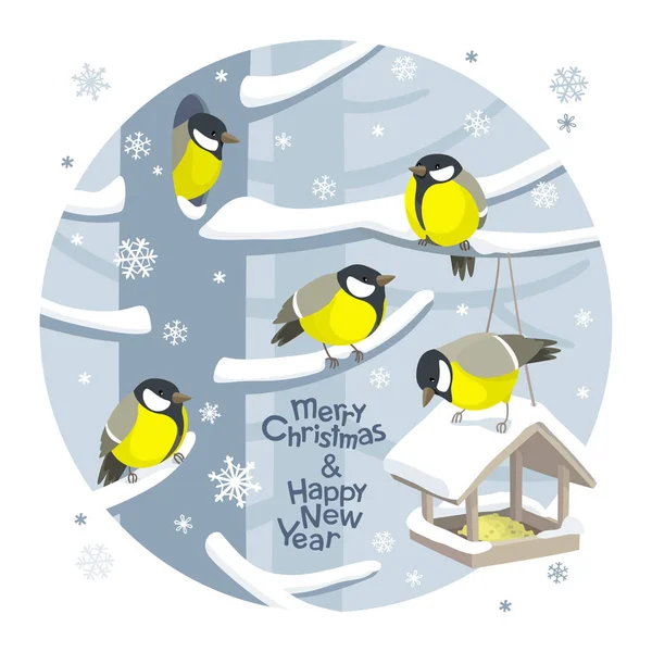 Funny Tits Bird Feeder Winter Tree Snowfall Vector Christmas Image — Stock Vector