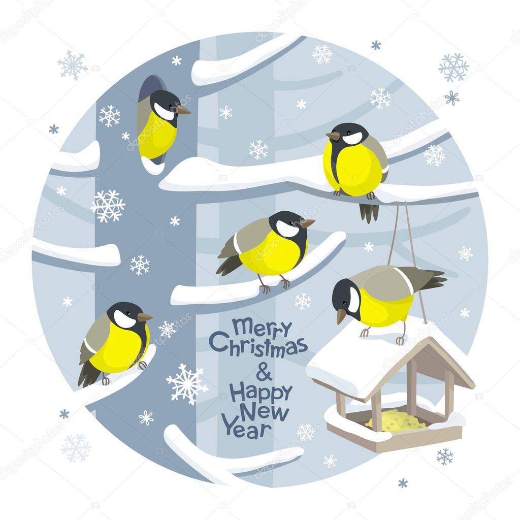 Funny Tits and bird feeder on winter tree under the snowfall. Vector Christmas image. For Christmas decoration, posters, banners, sales and other winter events.