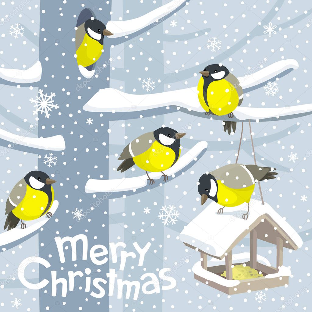 Funny Tits and bird feeder on winter tree under the snowfall. Vector Christmas image. For Christmas decoration, posters, banners, sales and other winter events.