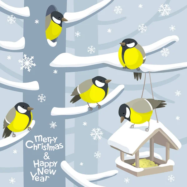 Lustige Meisen Und Vogelfutterhäuschen Winterbaum Unter Dem Schneefall Vektor Weihnachtsbild — Stockvektor