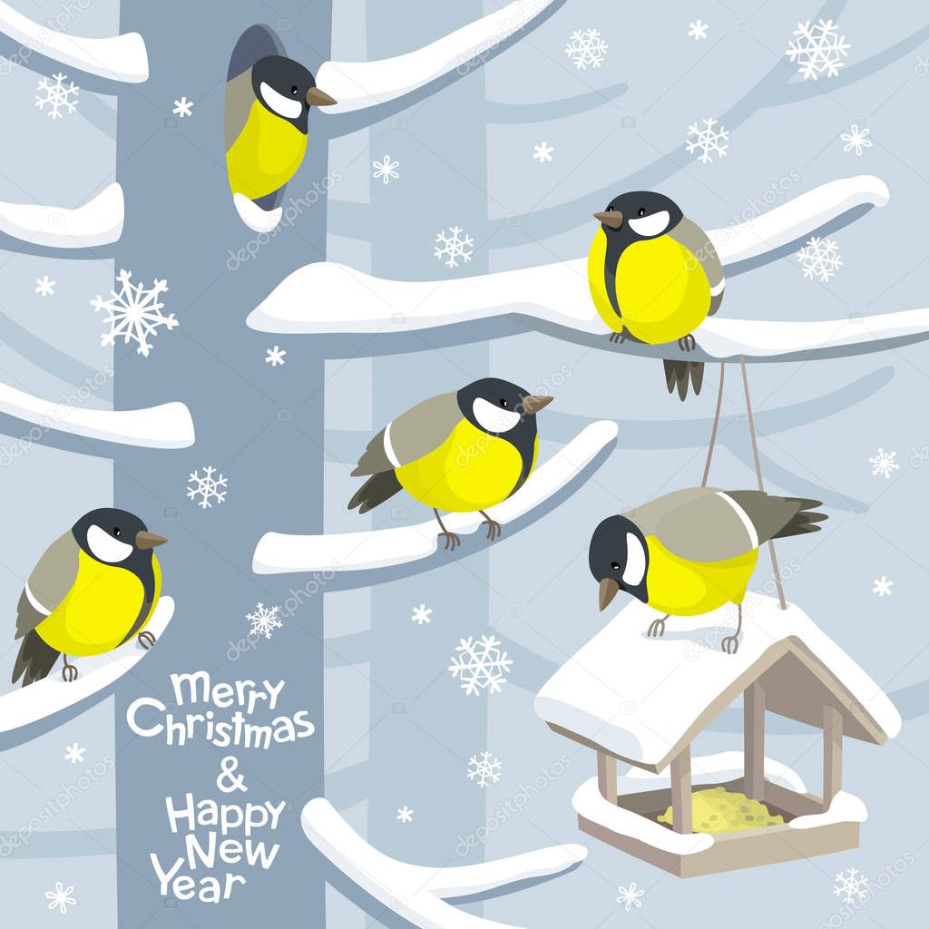 Funny Tits and bird feeder on winter tree under the snowfall. Vector Christmas image. For Christmas decoration, posters, banners, sales and other winter events