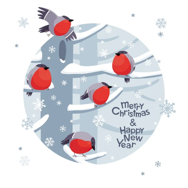 Funny Red Bullfinches Vector Christmas Image Cute Winter Birds Christmas — Stock Vector