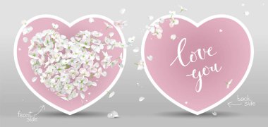 Sevgililer - beyaz yaprakları suluboya tarzında, pembe arka plan uçan ile elma çiçeği vektör kalp. 