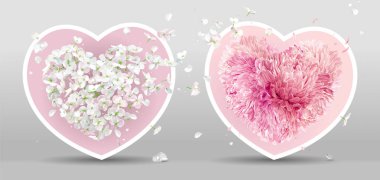 Set of two  flower hearts. Apple blossom and pink Chrysanthemum vector Valentines with flying petals in watercolor style for Valentine's Day, 8 March, wedding,  Mother's Day, seasonal  sales