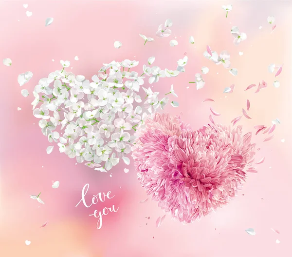 Image Vectorielle Romantique Pour Saint Valentin Deux Coeurs Fleurs Vectorielles — Image vectorielle