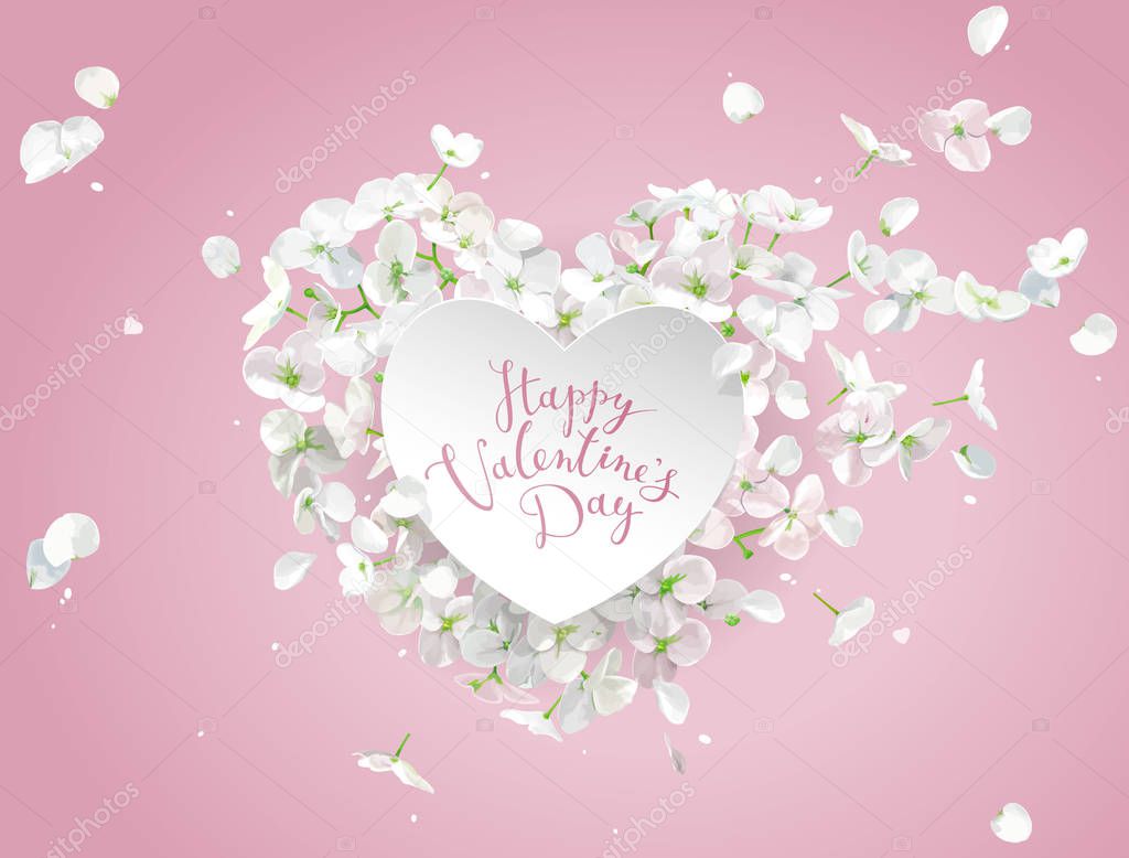 White Apple blossom vector Heart with flying petals in watercolor style on the wind on pink background for Valentine's Day,  8 March, wedding,  Mother's Day, seasonal  sales