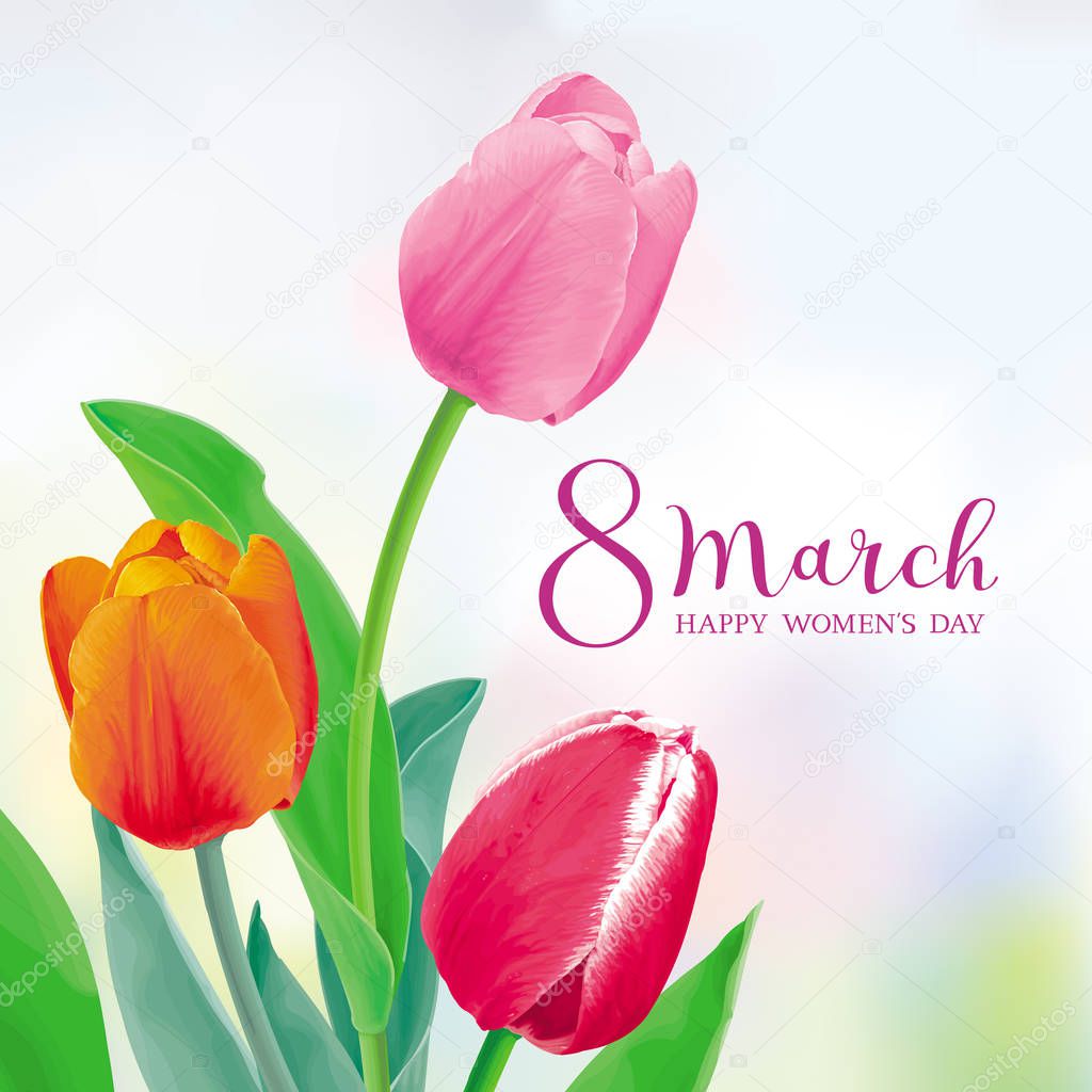 Amazing Tulips. Flower vector greeting card in watercolor style with lettering design for 8 March, wedding, Valentine's Day,  Mother's Day, sales and other events.