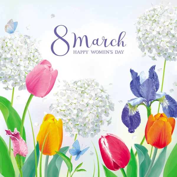 Tulpen Und Frühlingsblumen Wunderschönen Garten Zum Frauentag März Blumenvektorkarte Aquarell — Stockvektor