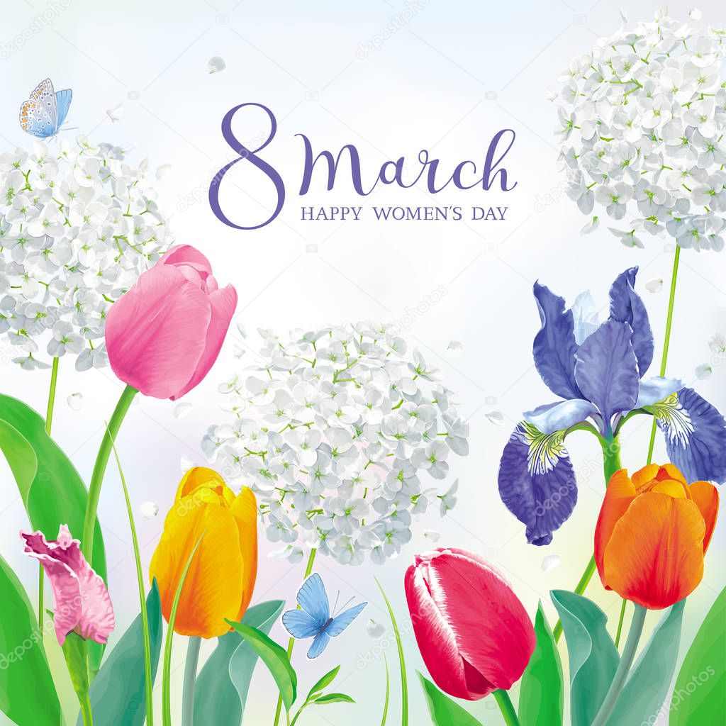 Tulips and spring flowers in amazing garden for Women's Day 8 March. Floral vector card in watercolor style with lettering design for 8 March, wedding, Valentine's Day,  Mother's Day, sales