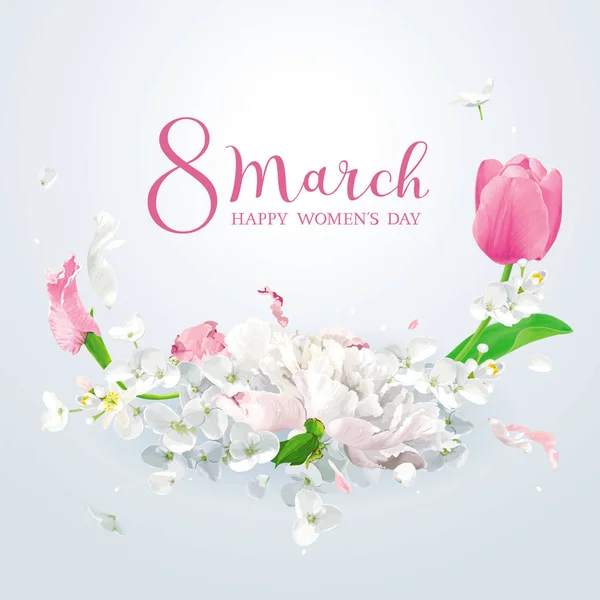 Tulpen Pfingstrosen Und Apfelblüten Für Den März Blumenvektor Grußkarte Mit — Stockvektor