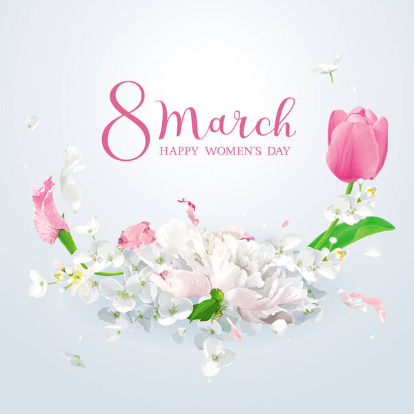 Tulips, peonies and Apple blossom for 8 March. Flower vector greeting card with spring flowers composition in watercolor style with lettering design