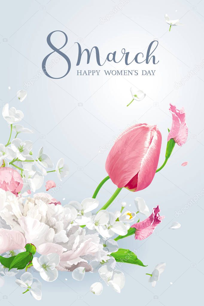 Tulips, peonies and Apple blossom for 8 March. Flower vector greeting card with spring flowers composition in watercolor style with lettering design