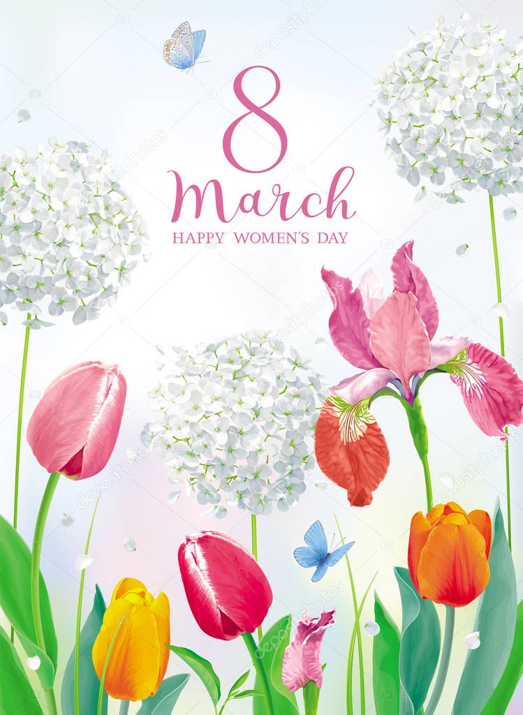 Tulips and spring flowers in amazing garden for Women's Day 8 March. Floral vector card in watercolor style with lettering design