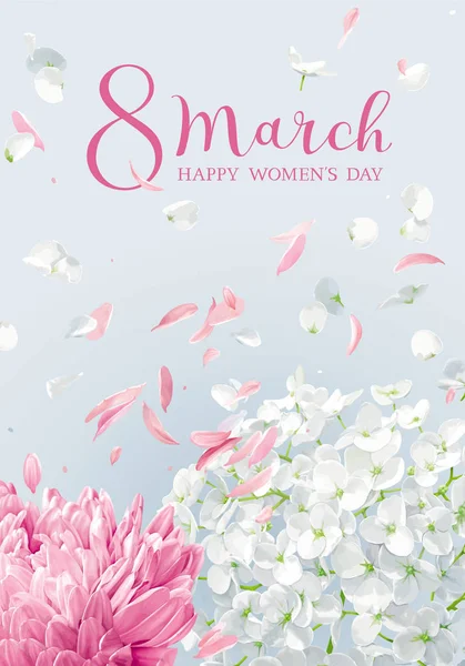 Kasımpatı ve yaprakları için 8 Mart uçan ile elma çiçeği. Çiçek vektör tebrik kartı tasarım düğün, Sevgililer günü, anneler günü, satış ve diğer mevsimlik olaylar 8 Mart için yazı ile suluboya tarzında.