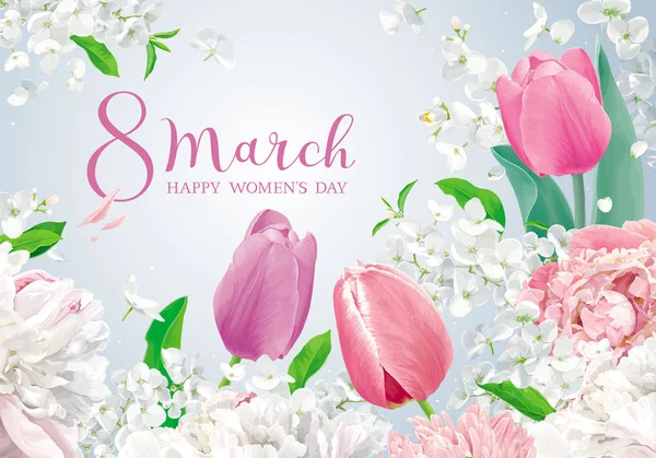 8 Mart çiçekler. Tasarım düğün, Sevgililer günü, anneler günü, satış ve diğer mevsimlik olaylar 8 Mart için yazı ile suluboya tarzında vektör tebrik kartı.