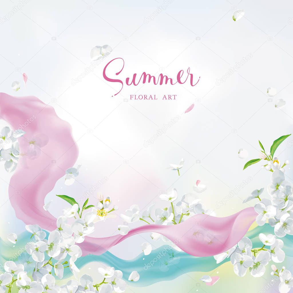 Vector white flowers with pink silk ribbon under the water 