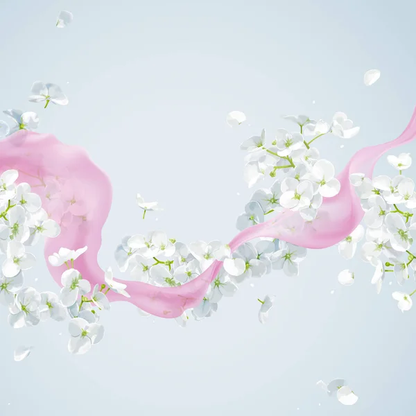 Vento de verão - flor de maçã branca vetorial e fita de seda rosa —  Vetores de Stock