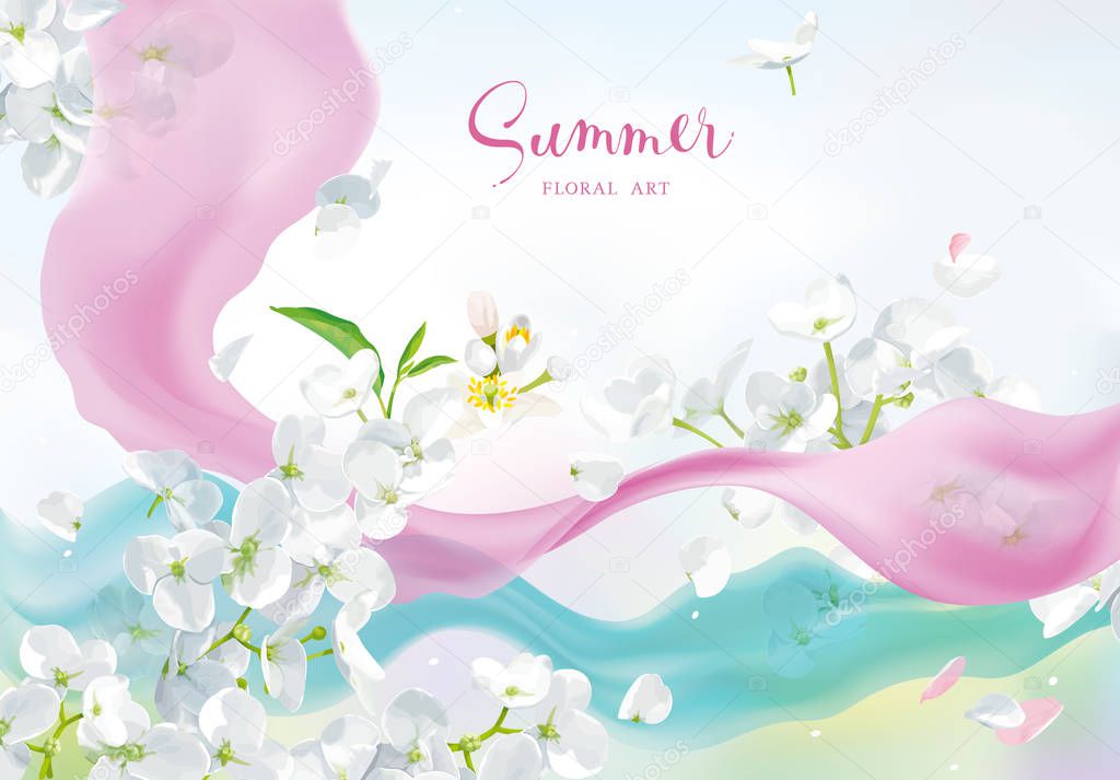 Vector white flowers with pink silk ribbon under the river 