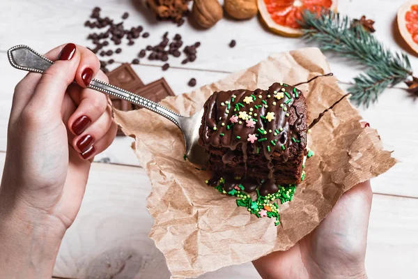 Cooking cake. Decoration of cakes. Making chocolate cake. A stream of chocolate.