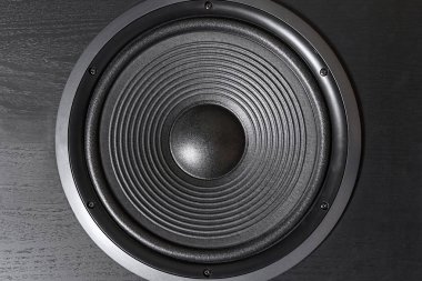 Siyah hoparlör kutusu Hifi kapatın. Dj, müzisyen, parti için profesyonel ses ekipmanları. Yüksek kaliteli stüdyo kayıt ses donatmak. Merhaba-Fi difüzör kurşun ahşap dolap kutusunda odaklanmak.