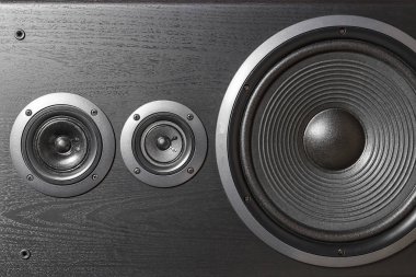 Siyah hoparlör kutusu Hifi kapatın. Dj, müzisyen, parti için profesyonel ses ekipmanları. Yüksek kaliteli stüdyo kayıt ses donatmak. Merhaba-Fi difüzör kurşun ahşap dolap kutusunda odaklanmak.