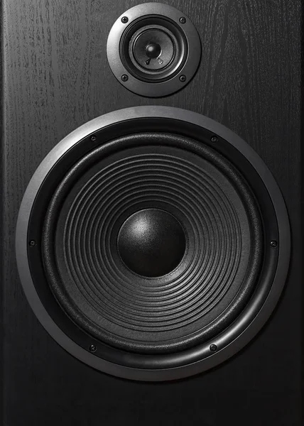 Hifi 黑色大声扬声器盒近在咫尺 专业音响设备的 音乐家 高品质的录音室设备 专注于木柜箱中的高菲扩散器子弹 — 图库照片