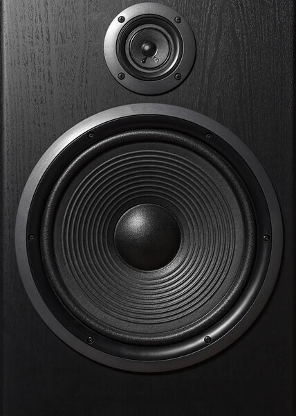 Hifi black loud speaker box in close up.Professional audio equipment for dj,musician,party. High quality sound recording studio equip.Focus on hi-fi diffuser bullet in wood cabinet box.