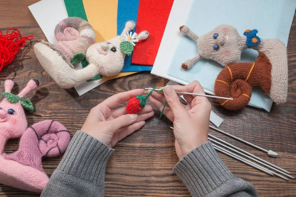El yapımı hediyeler. El yapımı oyuncaklar. Tığ işi. Ahşap arka planda örme salyangozlar.