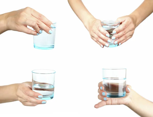 Набор из стакана воды на белом фоне. Различные способы держать стакан — стоковое фото