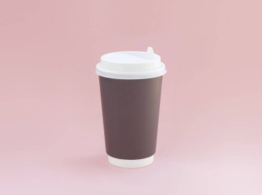 Kahverengi kağıt bardak pembe pastel arka plan üzerinde beyaz kapaklı mockup. Stüdyo fotoğraf-shot.