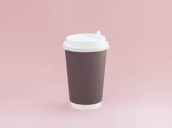 Mockup Brown Paper Cup White Lid Pink Pastel Background Studio — Stock Photo, Image