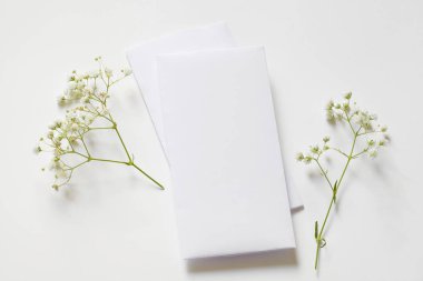 Dikey botanik Kırtasiye mock-up, narin çiçekler ve altın şerit tarafından dekore edilmiştir. Üstten görünüm, düz yatıyordu. Tasarımınızı görüntülemek için kullanın: düğün, partiler, Doğum günü ve diğer kutlamalar için.