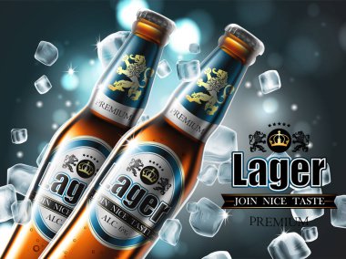 Design of advertising beer with two bottles in ice cubes. High detailed delicous illustration. clipart
